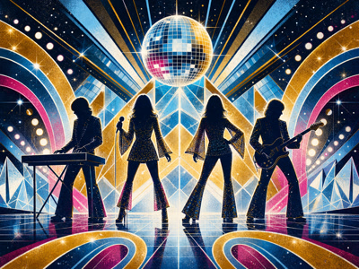 Colourful retro concert-poster illustration representing ABBA music