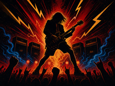 Colourful retro concert-poster illustration representing AC/DC music