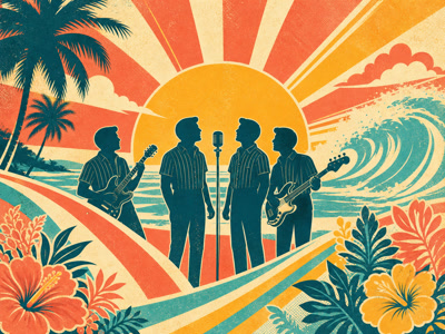 Colourful retro concert-poster illustration representing The Beach Boys music