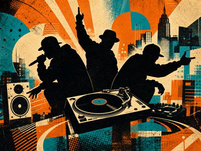 Colourful retro concert-poster illustration representing The Beastie Boys music