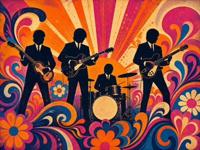 Colourful retro concert-poster illustration representing The Beatles music
