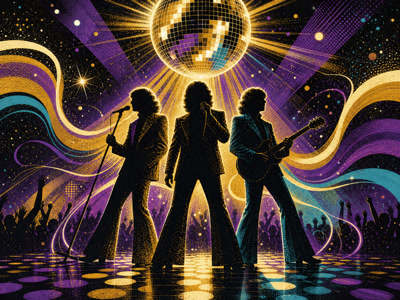 Colourful retro concert-poster illustration representing Bee Gees music