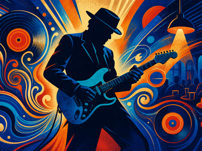 Colourful retro illustration of a blues guitarist with vinyl records