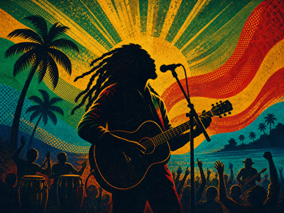 Colourful retro concert-poster illustration representing Bob Marley music