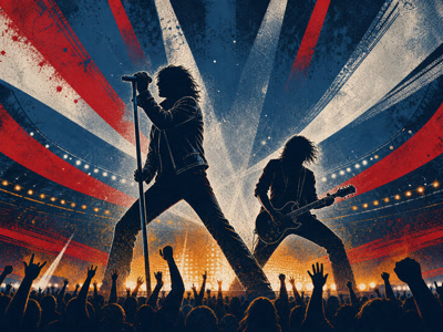Colourful retro concert-poster illustration representing Bon Jovi music