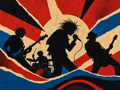Colourful retro concert-poster illustration representing The Clash music