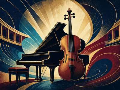 Retro illustration of a grand piano and string instrument representing classical music