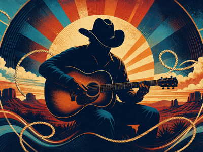 Colourful retro illustration of a country guitarist in a western landscape