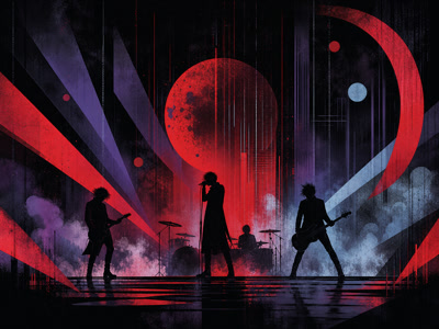 Colourful retro concert-poster illustration representing The Cure music