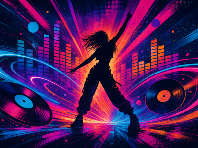 Vibrant retro illustration of a dancer surrounded by records and rhythmic lights