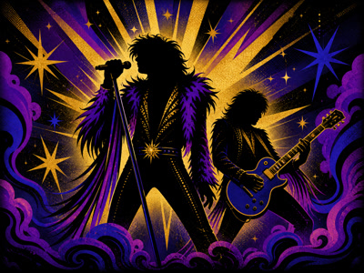 Colourful retro concert-poster illustration representing The Darkness music