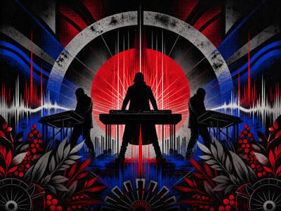 Colourful retro concert-poster illustration representing Depeche Mode music