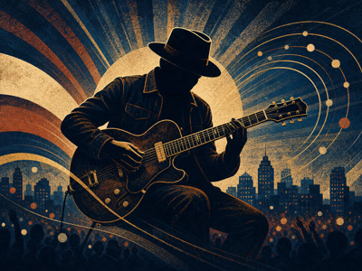 Colourful retro concert-poster illustration representing Dire Straits music