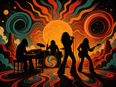Colourful retro concert-poster illustration representing The Doors music