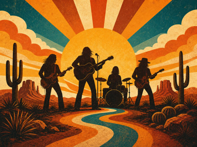 Colourful retro concert-poster illustration representing The Eagles music