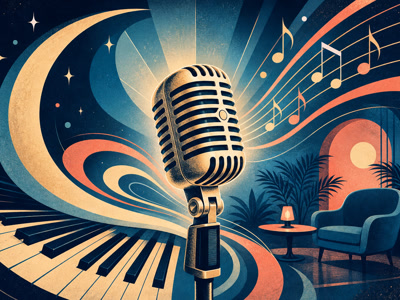 Stylised lounge music illustration with a microphone and flowing musical shapes