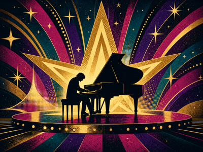 Colourful retro concert-poster illustration representing Elton John music
