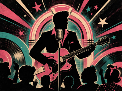 Colourful retro concert-poster illustration representing Elvis Presley music