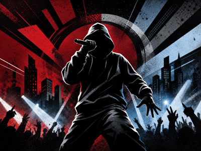 Colourful retro concert-poster illustration representing Eminem music
