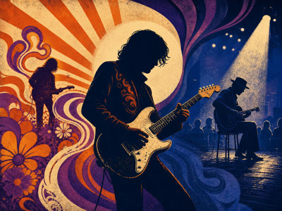 Colourful retro concert-poster illustration representing Eric Clapton and Cream music