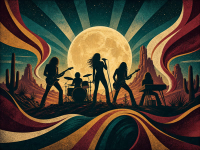Colourful retro concert-poster illustration representing Fleetwood Mac music