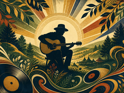 Retro illustration of an acoustic folk musician with natural decorative motifs