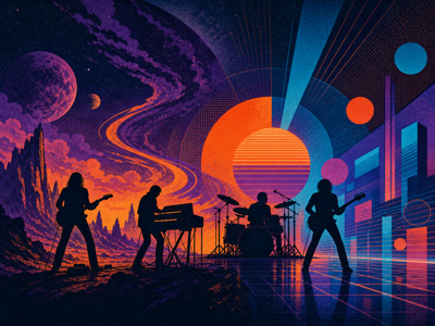 Colourful retro concert-poster illustration representing Genesis music