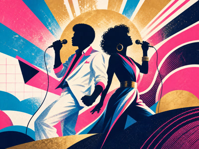 Colourful retro concert-poster illustration representing George Michael and Wham music