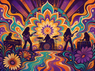 Colourful retro concert-poster illustration representing The Grateful Dead music