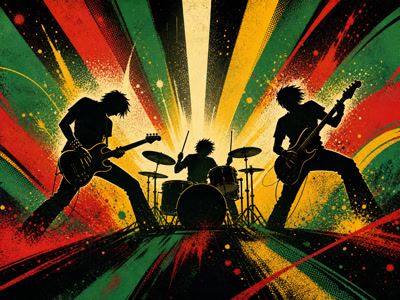 Colourful retro concert-poster illustration representing Green Day music