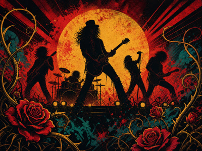 Colourful retro concert-poster illustration representing Guns N’ Roses music