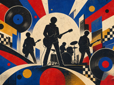 Energetic retro illustration representing indie and Britpop guitar music