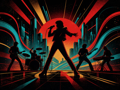 Colourful retro concert-poster illustration representing INXS music