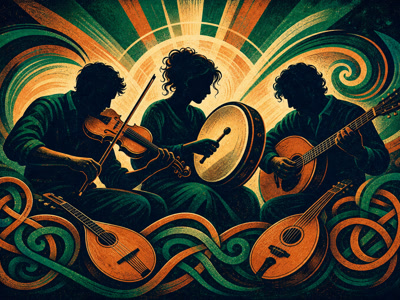 Colourful illustration of traditional folk instruments in a lively music session