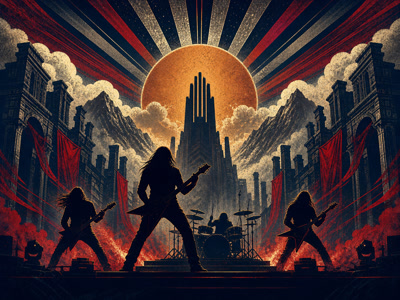 Colourful retro concert-poster illustration representing Iron Maiden music