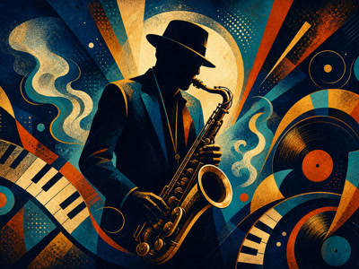 Retro concert illustration of a jazz saxophonist with rhythmic shapes