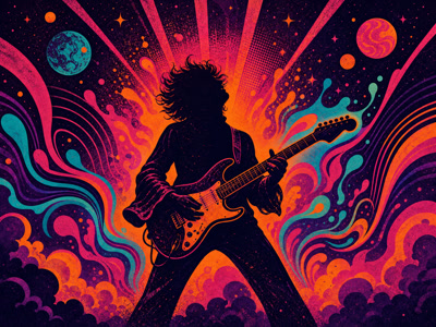 Colourful retro concert-poster illustration representing Jimi Hendrix music
