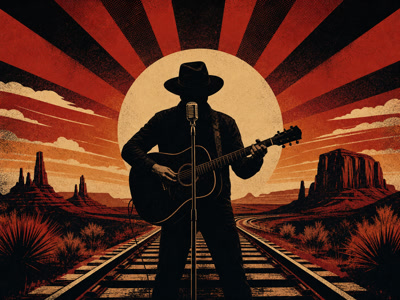 Colourful retro concert-poster illustration representing Johnny Cash music
