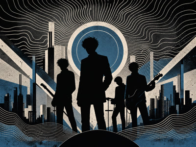 Colourful retro concert-poster illustration representing Joy Division music