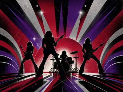 Colourful retro concert-poster illustration representing KISS music