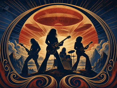 Colourful retro concert-poster illustration representing Led Zeppelin music
