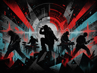 Colourful retro concert-poster illustration representing Linkin Park music