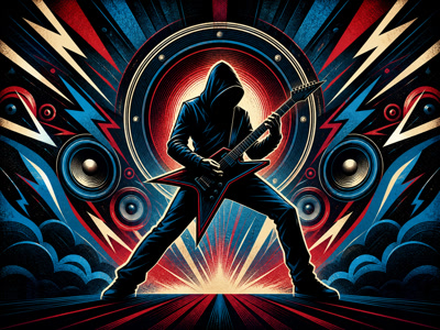 Dramatic retro illustration of a metal guitarist with bold lightning shapes
