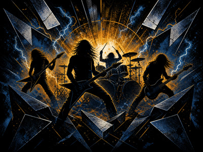 Colourful retro concert-poster illustration representing Metallica music