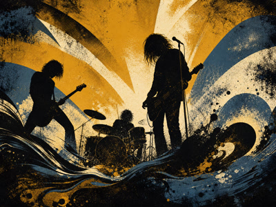 Colourful retro concert-poster illustration representing Nirvana music