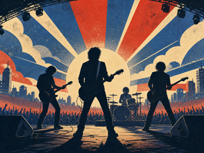 Colourful retro concert-poster illustration representing Oasis music