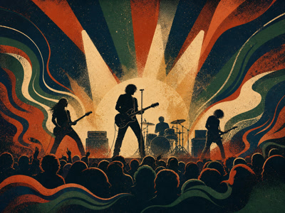 Colourful retro concert-poster illustration representing Pearl Jam music