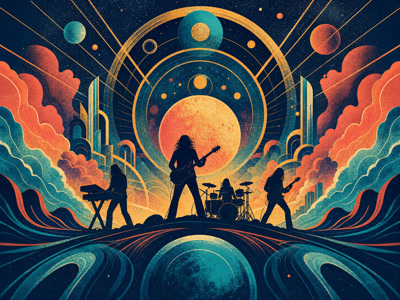 Colourful retro concert-poster illustration representing Pink Floyd music