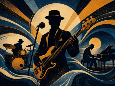 Colourful retro concert-poster illustration representing The Police and Sting music