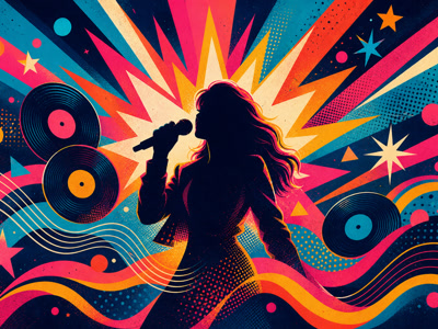 Bright retro illustration of a pop singer with colourful musical shapes